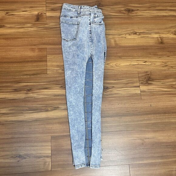 Y2K Acid Wash Rhinestone Cutout Jeans 18W Festival Baddie Distressed - Picture 2 of 11